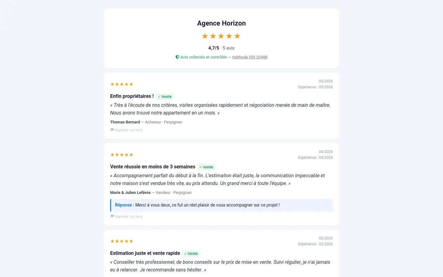Page publique d'avis clients vérifiés
