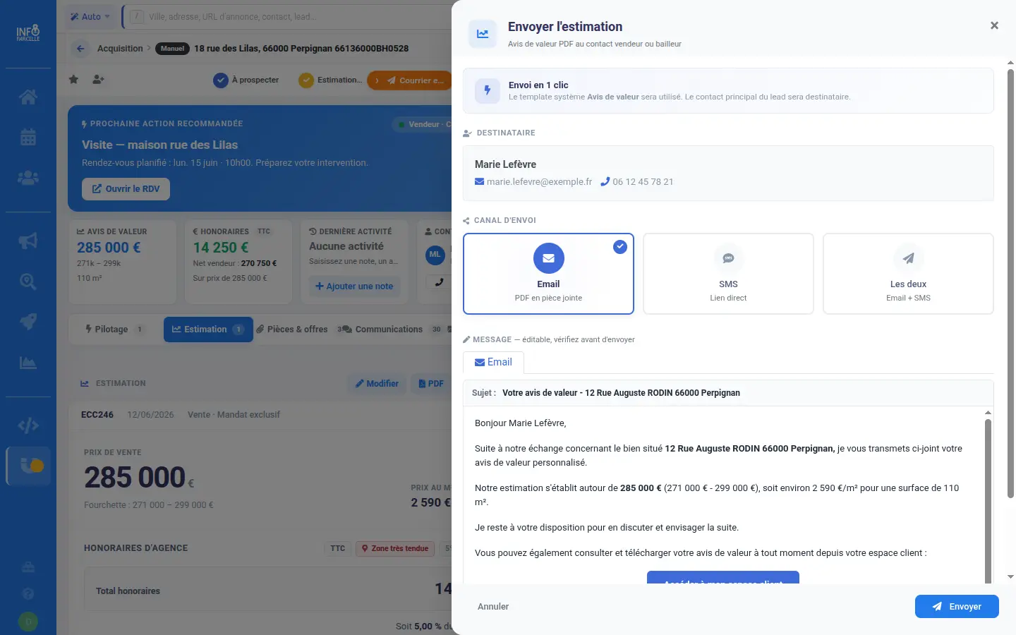 Envoi de l'avis de valeur au client